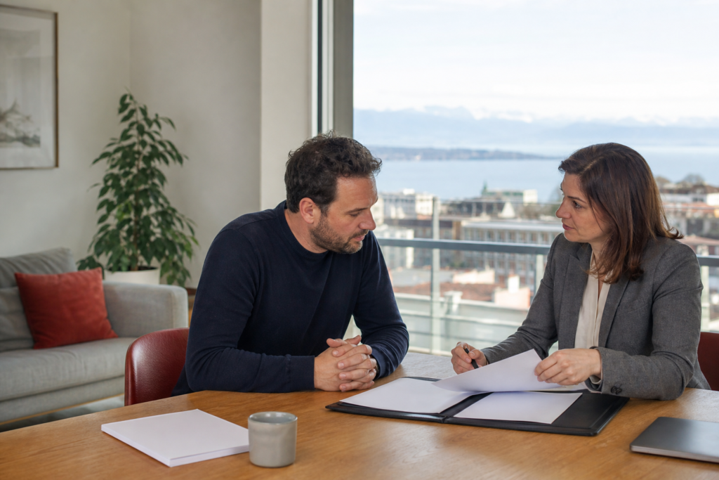 Une gérante immobilière échange avec un locataire au sujet d’un bail dans un appartement à Lausanne.
