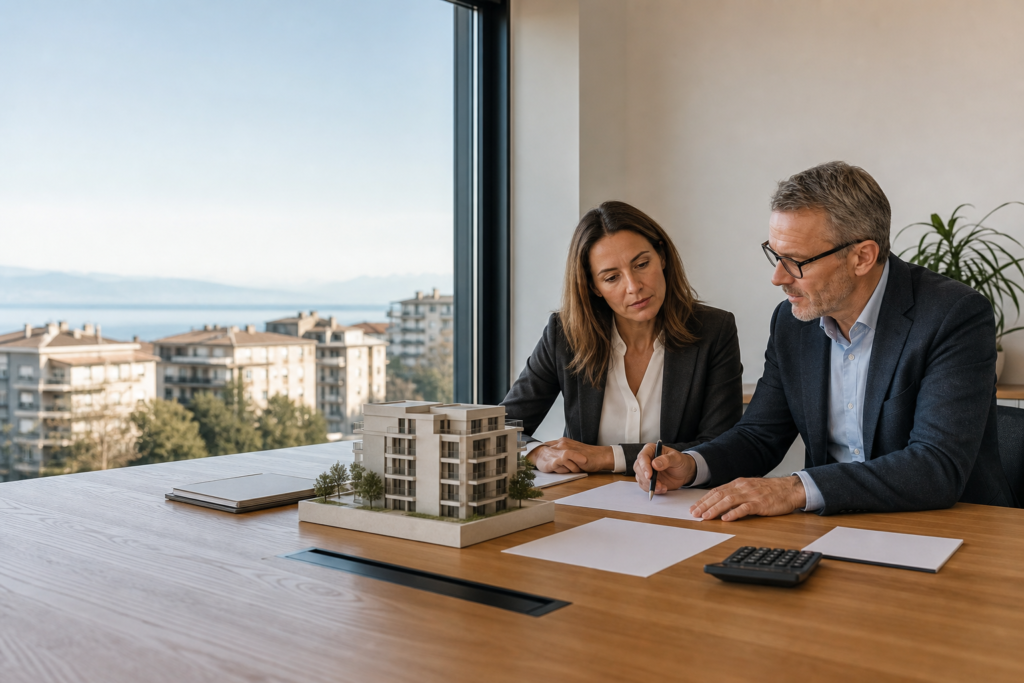 Deux professionnels étudient le rendement d’un projet immobilier devant une maquette à Lausanne.
