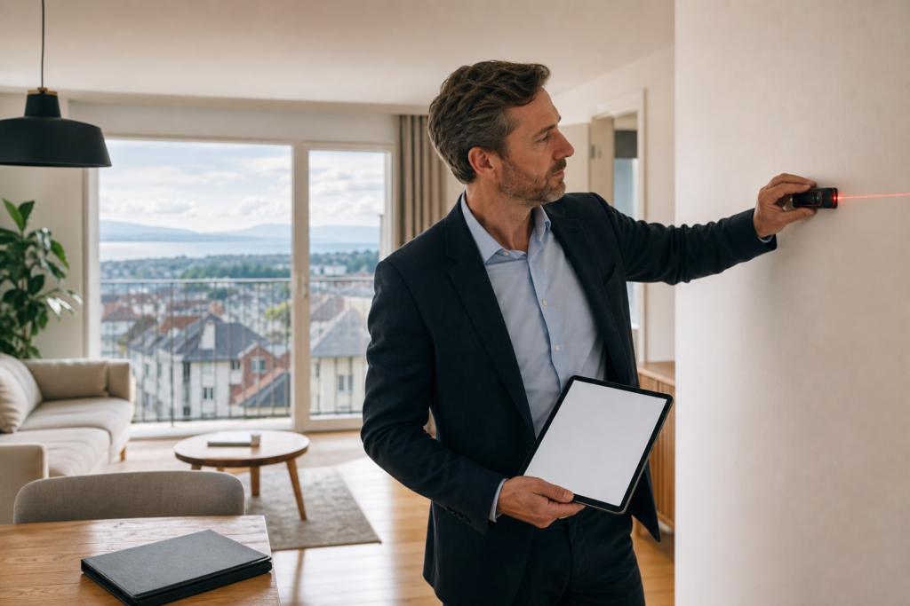 Un expert immobilier mesure une pièce lors de l’estimation d’un appartement à Lausanne.