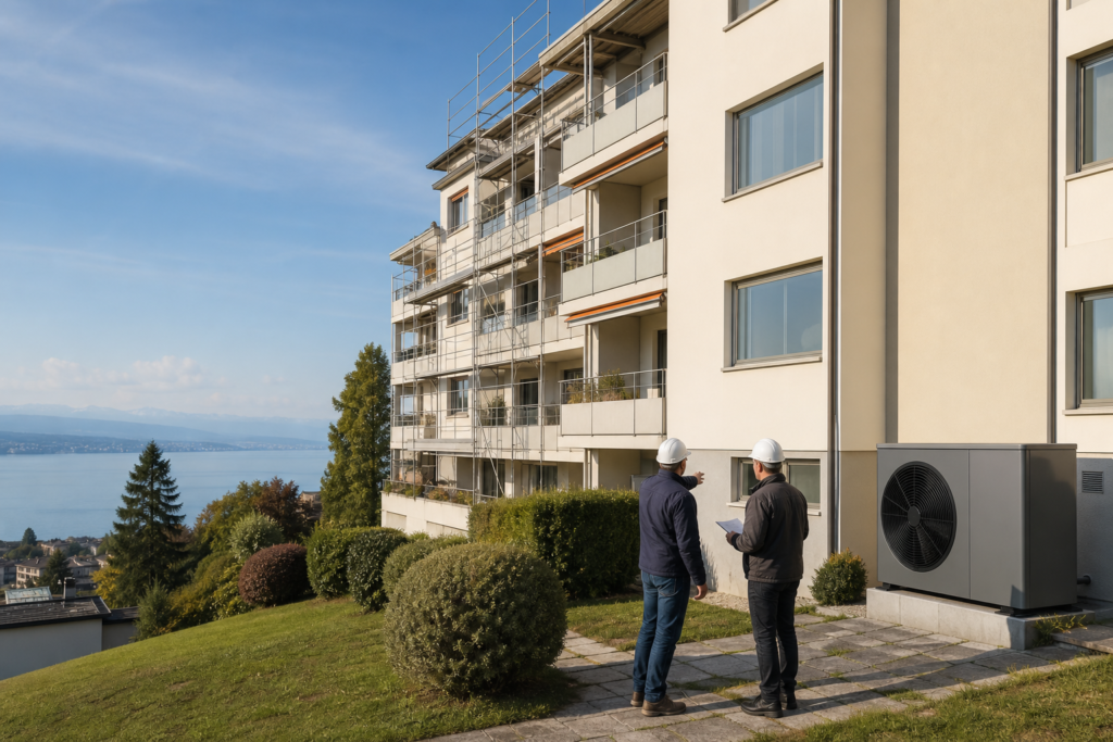 Deux professionnels inspectent la rénovation énergétique d’un immeuble résidentiel à Lausanne.